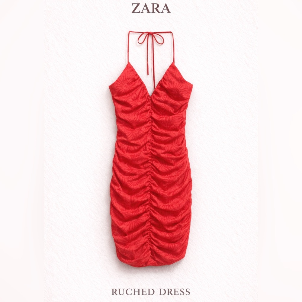 ZARA Red Ruched Bodycon Mini Dress Spaghetti Strap Size M